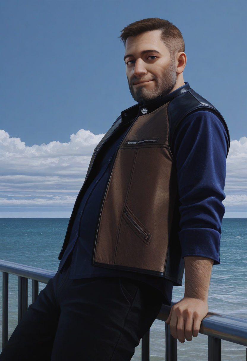 1boy, day, leaning back, upper body, standing,  light smile, looking at viewer, against railing, facing viewer, casual, from side, bent arms, blue sky, horizon, ocean, outdoors, cloudy sky, thomldr, mature male, short hair, brown hair, beard, blue eyes, facial hair, blue shirt, collared shirt, long sleeves, brown vest, leather vest, black footwear, black pants, plump, photorealistic,
BREAK
best quality, masterpiece, very aesthetic, absurdres, highest detailed <lora:Thom_from_Love_Death_Robot_v0.2:1>