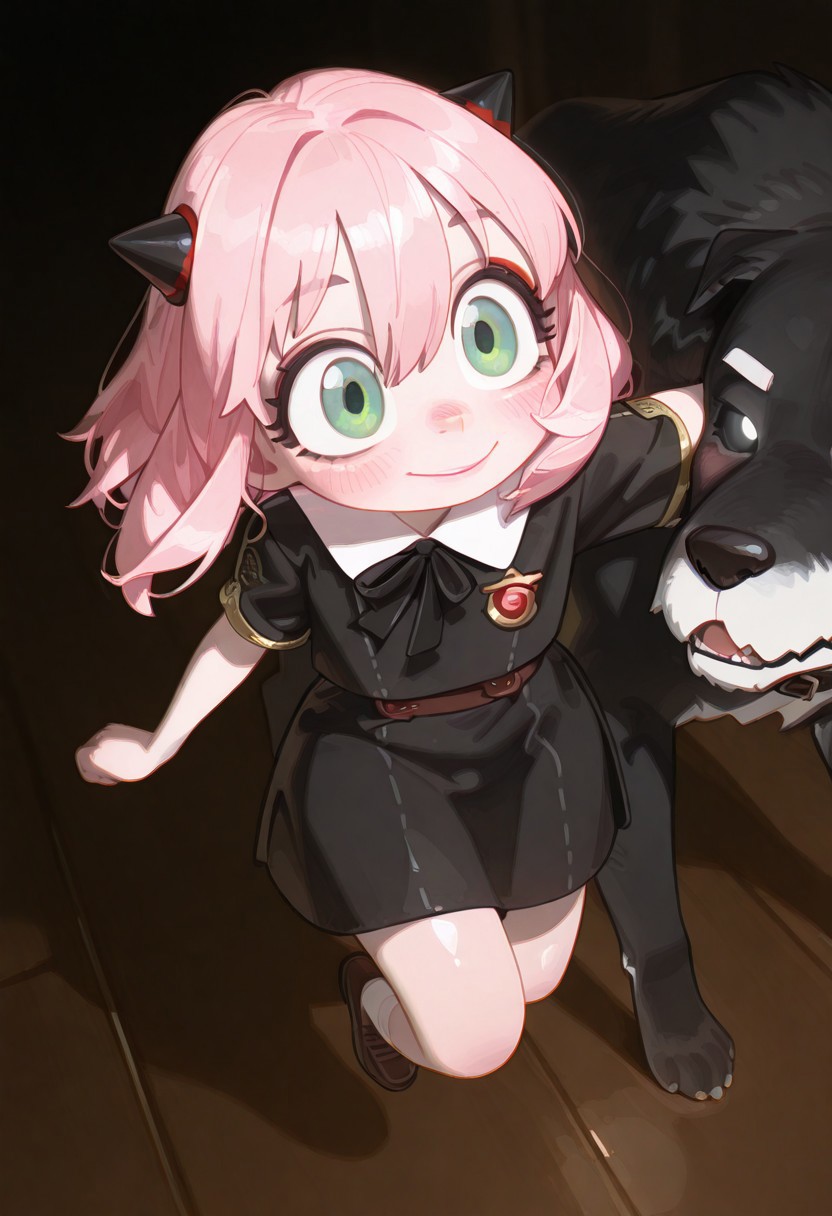 masterpiece, best quality, amazing quality, very aesthetic, absurdres, newest, holographic colors, gradient colors, volumetric lighting, 1girl, anya forger, anya forger, pink hair, green eyes, medium hair, ribbon, black bow, school uniform, dress, black dress, bow, dog, black bowtie, eden academy school uniform, blush,red eyeshadow,short eyebrows, perfect hands, BREAK cute girl, extremly pale skin, pink skin, oiled skin, soft skin, brilliant skin, shiny skin, thin nose, smile, lustful, short thick eyebrows, BREAK big black beautiful eyes, black eyeliner, black eyeshadow, long eyelashes, curly eyelashes, gorgeous lips, luscious lips, pink lips, puffy lips, thicc lips, glossy lips, black glowing eyes, black eyes, perfect eyes, glowing highlights, hair between eyes, long bangs, Vibrant Rim Light,direct light,sidelighting,enhanced contrast,hard shadow,highly detailed,high contrast,foggy haze, detailed, rare angle,dynamic angle, dramatic lighting, detailed background, rare angle, popping out of a pack of peanuts, full body, jumping in pack of peanuts, dynamic pose, massive pack of peanuts, tianliang_duohe_fangdongye:0.3, <lora:bikabaka:0.9> <lora:Illustrious_USA3710_Style_LORA_2:0.25> us4styl3, <lora:Rapscallion_IllustriousV1:0.6> <lora:tomaco_ill:1> <lora:nyalia_NoobXL:0.8>