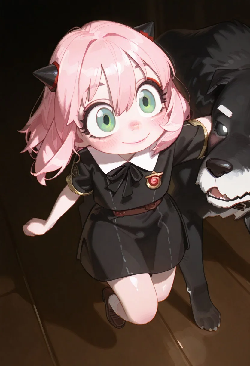 masterpiece, best quality, amazing quality, very aesthetic, absurdres, newest, holographic colors, gradient colors, volumetric lighting, 1girl, anya forger, anya forger, pink hair, green eyes, medium hair, ribbon, black bow, school uniform, dress, black dress, bow, dog, black bowtie, eden academy school uniform, blush,red eyeshadow,short eyebrows, perfect hands, BREAK cute girl, extremly pale skin, pink skin, oiled skin, soft skin, brilliant skin, shiny skin, thin nose, smile, lustful, short thick eyebrows, BREAK big black beautiful eyes, black eyeliner, black eyeshadow, long eyelashes, curly eyelashes, gorgeous lips, luscious lips, pink lips, puffy lips, thicc lips, glossy lips, black glowing eyes, black eyes, perfect eyes, glowing highlights, hair between eyes, long bangs, Vibrant Rim Light,direct light,sidelighting,enhanced contrast,hard shadow,highly detailed,high contrast,foggy haze, detailed, rare angle,dynamic angle, dramatic lighting, detailed background, rare angle, popping out of a pack of peanuts, full body, jumping in pack of peanuts, dynamic pose, massive pack of peanuts, tianliang_duohe_fangdongye:0.3, <lora:bikabaka:0.9> <lora:Illustrious_USA3710_Style_LORA_2:0.25> us4styl3, <lora:Rapscallion_IllustriousV1:0.6> <lora:tomaco_ill:1> <lora:nyalia_NoobXL:0.8>