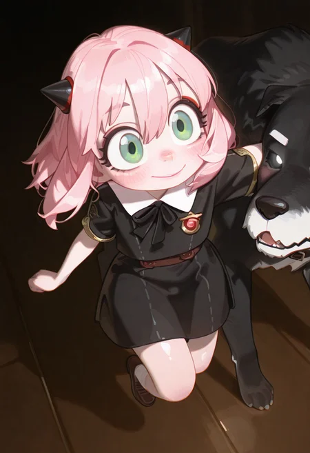 masterpiece, best quality, amazing quality, very aesthetic, absurdres, newest, holographic colors, gradient colors, volumetric lighting, 1girl, anya forger, anya forger, pink hair, green eyes, medium hair, ribbon, black bow, school uniform, dress, black dress, bow, dog, black bowtie, eden academy school uniform, blush,red eyeshadow,short eyebrows, perfect hands, BREAK cute girl, extremly pale skin, pink skin, oiled skin, soft skin, brilliant skin, shiny skin, thin nose, smile, lustful, short thick eyebrows, BREAK big black beautiful eyes, black eyeliner, black eyeshadow, long eyelashes, curly eyelashes, gorgeous lips, luscious lips, pink lips, puffy lips, thicc lips, glossy lips, black glowing eyes, black eyes, perfect eyes, glowing highlights, hair between eyes, long bangs, Vibrant Rim Light,direct light,sidelighting,enhanced contrast,hard shadow,highly detailed,high contrast,foggy haze, detailed, rare angle,dynamic angle, dramatic lighting, detailed background, rare angle, popping out of a pack of peanuts, full body, jumping in pack of peanuts, dynamic pose, massive pack of peanuts, tianliang_duohe_fangdongye:0.3, <lora:bikabaka:0.9> <lora:Illustrious_USA3710_Style_LORA_2:0.25> us4styl3, <lora:Rapscallion_IllustriousV1:0.6> <lora:tomaco_ill:1> <lora:nyalia_NoobXL:0.8>