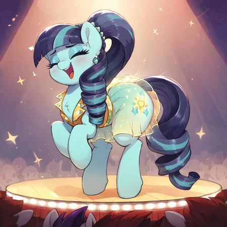 score_9, score_8_up, score_8, Coloratura \(mlp\), pony, transparent skirt, wide hips, singing on stage, aerozerorisk