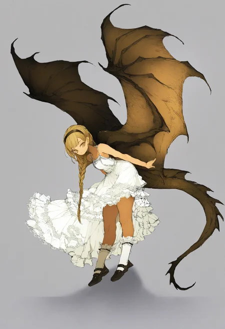 1girl, wings, dragon, white background, simple background, solo, dress, socks, blonde hair, white dress, long hair, leaning forward, braid, full body, standing, frills, shoes, hairband, dragon wings, white socks, looking at viewer, sketch, bare shoulders, tail
,masterpiece,best quality,very aesthetic,absurdres,
<lora:åºæ°´fornoob:0.95>