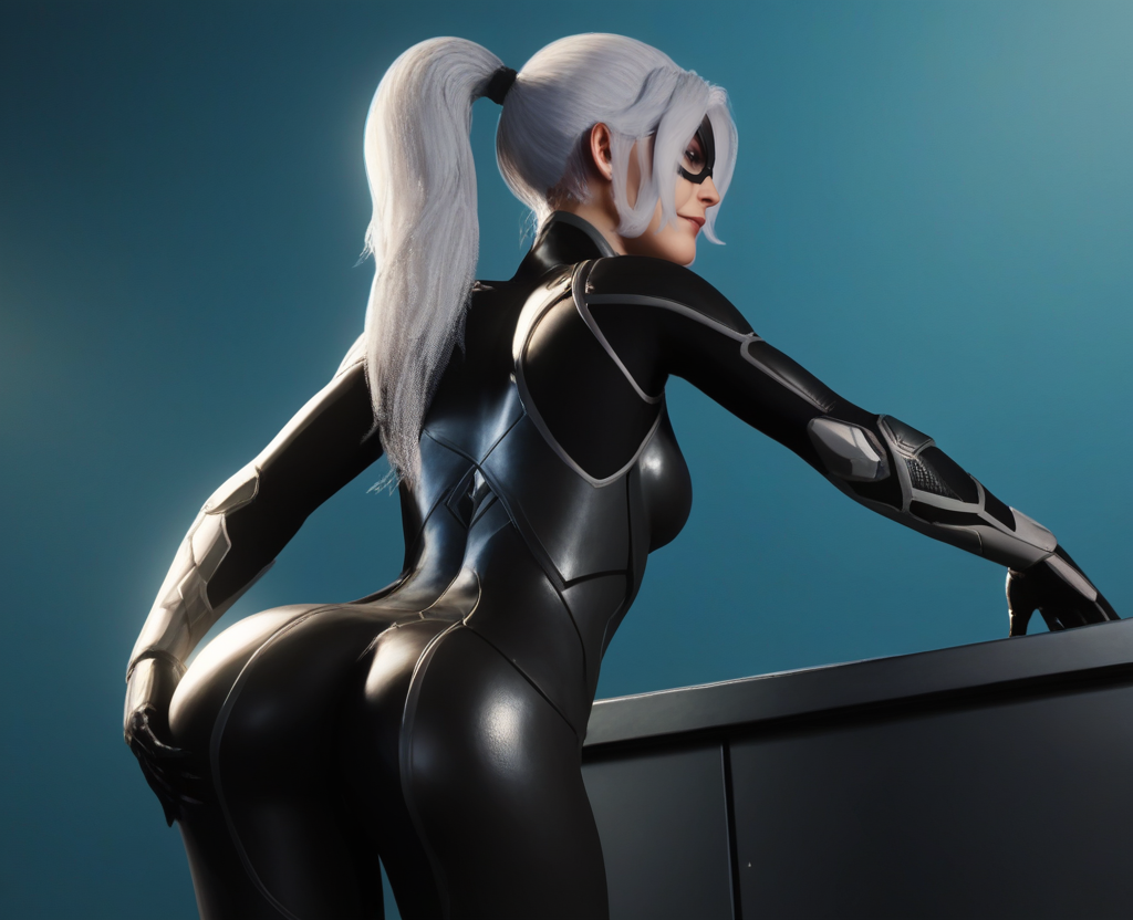 score_9,score_8_up,score_7_up,score_6_up, 3d, realistic, <lora:Black_Cat_ps4ps5_Pony-000007:0.8> , blackcat, 1girl, long hair, gloves, ponytail, white hair, bodysuit, black bodysuit, domino mask, cowboy shot, back, ass, ass grab, from behind, leaning forward
