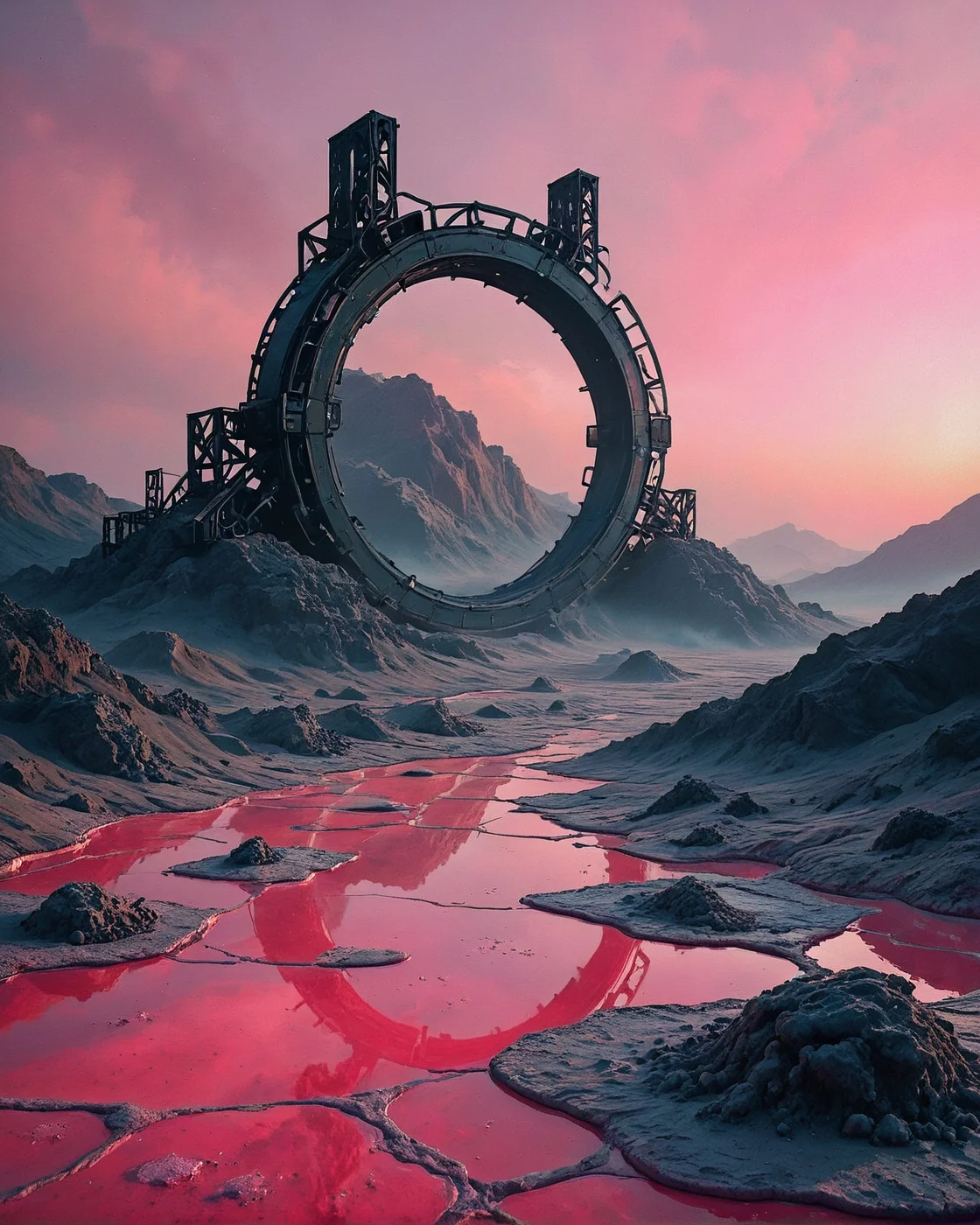 Surreal Landscape, Creator Landscape,
(style ofArkhip Kuindzhi (chromatic effects)), Salt flats reflecting pink horizon, lichen bio crust on dunes, iron ore mining headframe,
<lora:ClassipeintXL2.1:0.224> oil painting,
<lora:extremely_detailed:0.692> extremely detailed,
<lora:add-detail-xl:0.910>,
<lora:dreamshaperXL10_lora:0.788>,
<lora:Flux-XL_Scenery: 0.808> flux-scenery,
detailxl,
advntr,