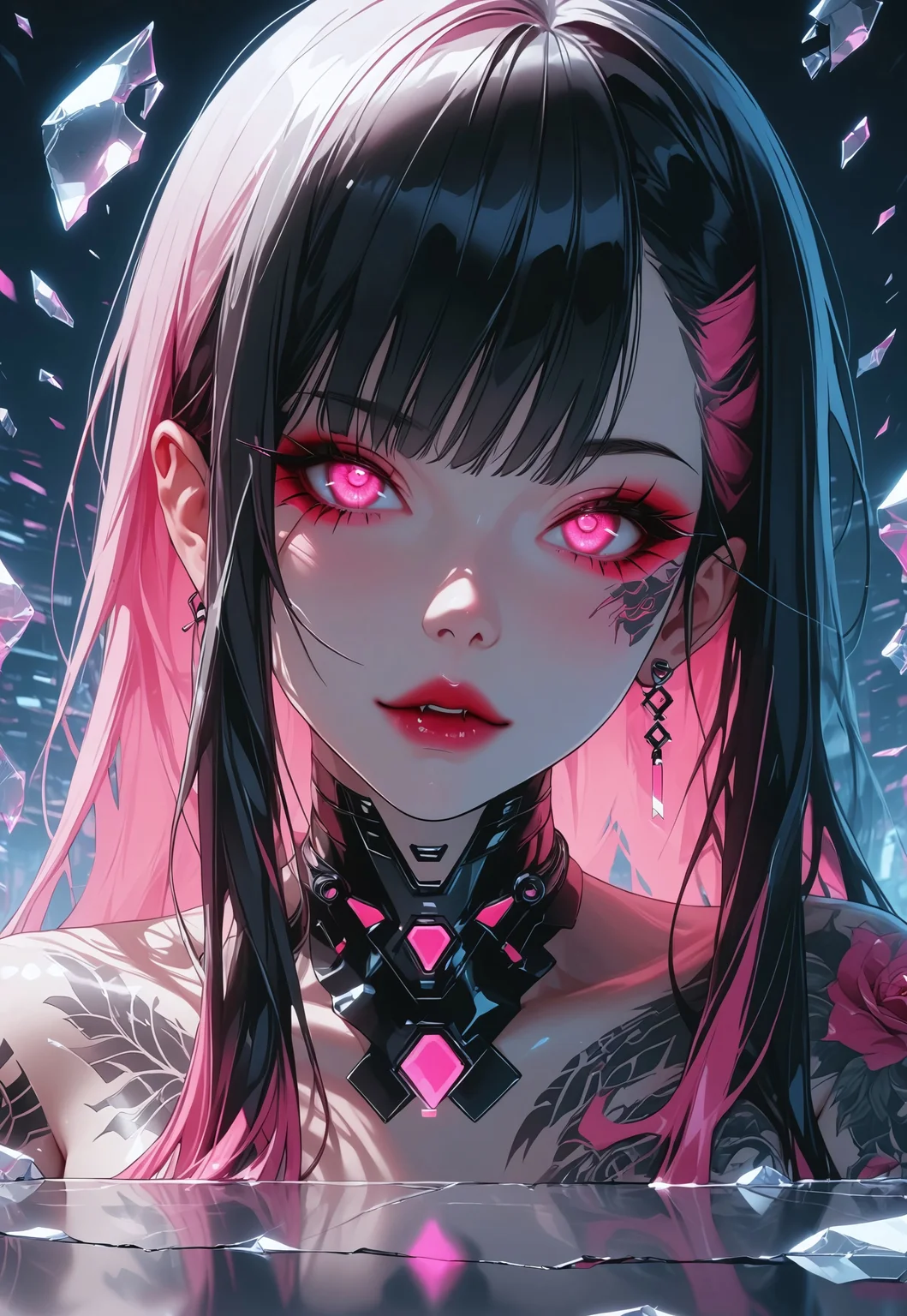 safe_pos, score_9, score_8_up, score_7_up rating_questionable, rating_explicit, nsfw, uncensored /BREAK/ dark theme, black background, vampire girl 18 years old, (pointy ears:0.7), black hair, pink hair highlights, long hair, pink eyes, glowing eyes, small breasts, posing, tattoos, tattoo, glass shards, reflection, broken glass, Futuristic, Neon, /BREAK/ hyper detailed, ultra detailed, hight resolution textures, masterpiece, best quality, 32K UHD, epiCRealism, t4ts, Expressiveh, Jed-NeonInt