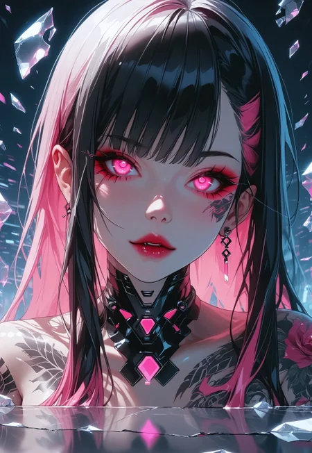 safe_pos, score_9, score_8_up, score_7_up rating_questionable, rating_explicit, nsfw, uncensored /BREAK/ dark theme, black background, vampire girl 18 years old, (pointy ears:0.7), black hair, pink hair highlights, long hair, pink eyes, glowing eyes, small breasts, posing, tattoos, tattoo, glass shards, reflection, broken glass,  Futuristic, Neon, /BREAK/ hyper detailed, ultra detailed, hight resolution textures, masterpiece, best quality, 32K UHD, epiCRealism, t4ts, Expressiveh, Jed-NeonInt