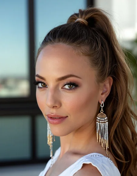 The reflective surfaces of her earrings and outfit create a dynamic interplay with the environment, emphasizing her sleek presence. The minimalist background allows the viewer to focus on her eye-catching fashion and makeup. Captured with a Sony A7R IV camera and a 50mm f/1.2 G Master lens for a beauty editorial shoot, this composition highlights her fashion-forward aesthetic. Inspired by avant-garde fashion photography from Sølve Sundsbø, this image blends contemporary fashion and minimalist elegance, embodying mythp0rt and niji_flux styles for a sleek, high-fashion vision. ((portrait))