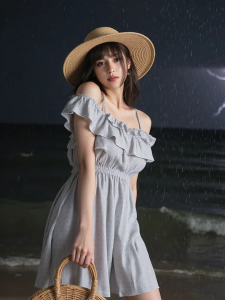 There are wonderful studio lights and various reflections,
18yo beautiful cute girl with blushing and female orgasm.skin naturally showing the texture of blood vessels and detailed pale skin,
--,
<lora:Nakajo_Ayami_f1:1>,she is Nakajo Ayami,
(Ruffled_off-the-shoulder_dress:1.5),(Straw_hat:1.4),(Basket_woven_bag:1.3), outdoors,sea,huge wave,lighting,raining,water drop,hurricane,vortex,, #å·¨æµªæµ·