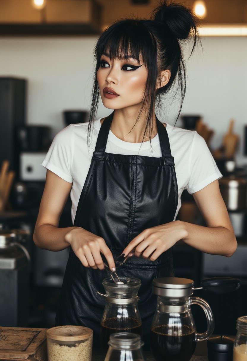 FictionalMing, blunt bangs and hair in a topbun, black eye makeup. Making a coffee,wearing an apron