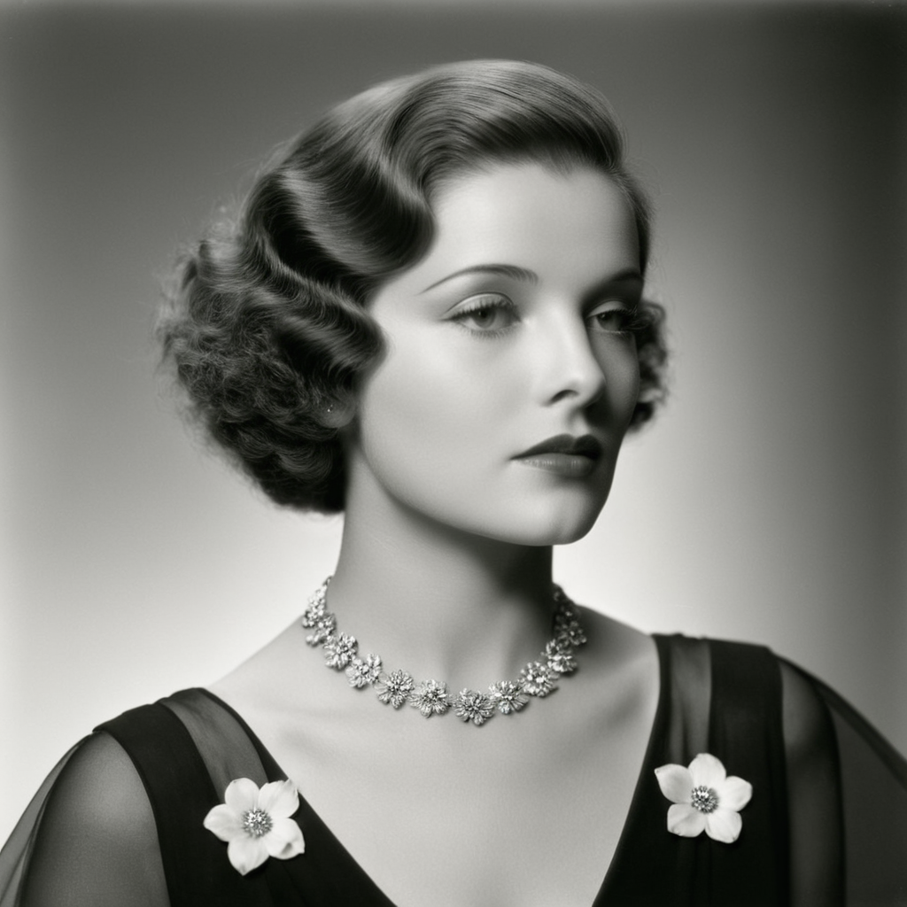 analog film photo of  <lora:1930's style:1>
In the 1930's a woman with a black dress and a flowered top,1girl,solo,short hair,jewelry,upper body,greyscale,parted lips,lips,looking to the side,eyelashes,looking away,curly hair,realistic,realism,perfection,perfect,filmic,retro,vintage,classic,different haircut,different look,different style,1930's style , 1930 style, faded film, desaturated, 35mm photo, grainy, vignette, vintage, Kodachrome, Lomography, stained, highly detailed, found footage