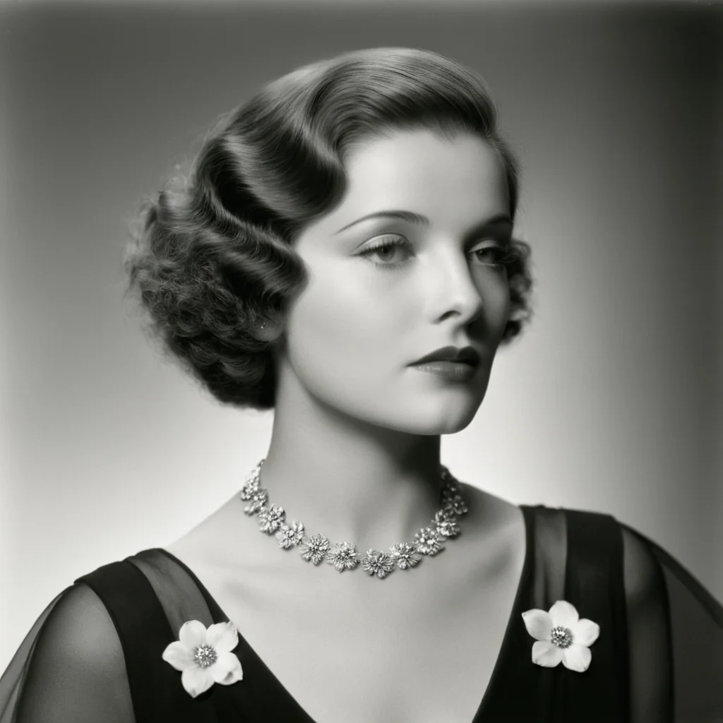 analog film photo of <lora:1930's style:1>
In the 1930's a woman with a black dress and a flowered top,1girl,solo,short hair,jewelry,upper body,greyscale,parted lips,lips,looking to the side,eyelashes,looking away,curly hair,realistic,realism,perfection,perfect,filmic,retro,vintage,classic,different haircut,different look,different style,1930's style , 1930 style, faded film, desaturated, 35mm photo, grainy, vignette, vintage, Kodachrome, Lomography, stained, highly detailed, found footage