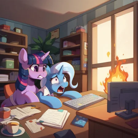 score_9, score_8_up, score_7_up, score_6_up, score_5_up, score_4_up, USA, feral, female, 2girls, duo, unicorn, twilight sparkle, trixie lulamoon, server room, maintenance written on door, indoors, detailed, computers, computers everywhere, sparks, fire, computers on fire, crazed smile, scared, screaming, fire everywhere