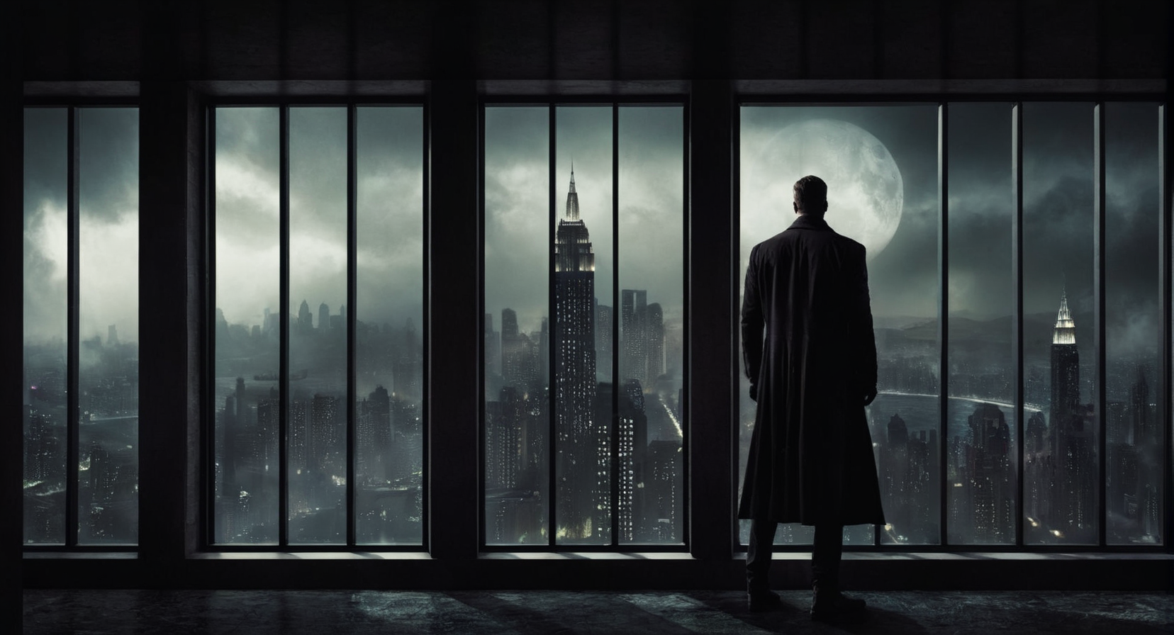 Dark Fantasy Art of  <lora:Gotham City:1.2>
Gotham City a man standing in front of a window looking at a city, dark, moody, dark fantasy style