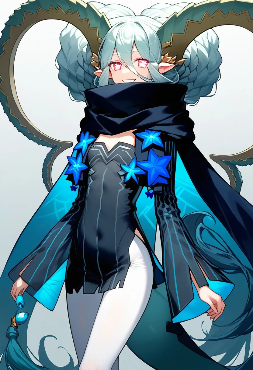 score_9, score_8_up, score_7_up, professional anime,1girl,female,solo,(Tiamat from fate grand order),horns, pointy ears, blue hair, symbol-shaped pupils, pink eyes, double bun, braid, twintails, scarf, short dress, black dress, long sleeves, sleeves past fingers, white pantyhose, tail,petite girl,short female,short girl,petite female,age regression, perfect body,smile,