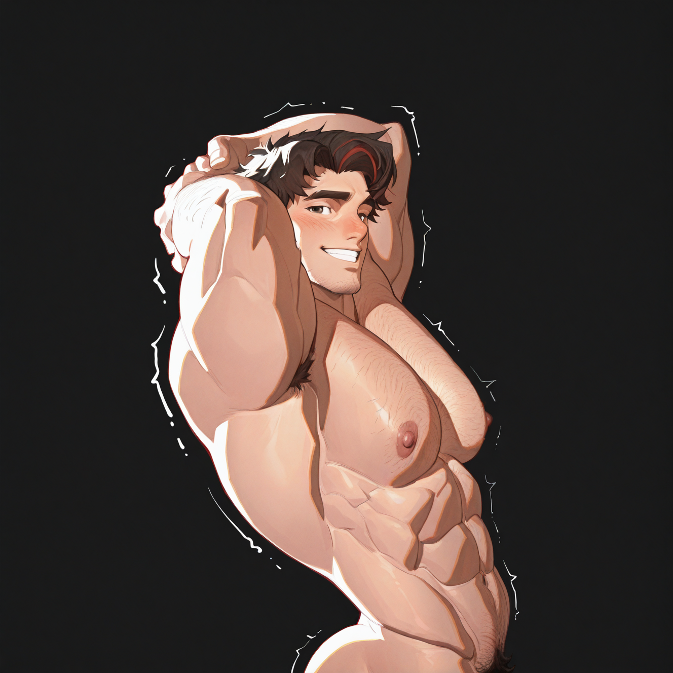 <lora:SPIDERMAN-09:1>spiderman, solo, looking at viewer, blush, smile, short hair, simple background, brown hair, 1boy, navel, nipples, male focus, ass, multicolored hair, red hair, nude, teeth, from side, completely nude, pubic hair, muscular, facial hair, thick eyebrows, abs, muscular male, pectorals, trembling, black background, bara, male pubic hair, large pectorals, mature male, sideburns, stubble, hand on own head, out-of-frame censoring, chest hair, seductive smile, biceps, navel hair, arm hair, black hair, artist name, streaked hair, motion blur, film grain, abstract, natural lighting, fantasy, cinematic, dynamic view, tilted angle, very awa, masterpiece, best quality, absurdres, newest, perfect quality, detailed background, intricate details, (artist:fl \(l-fl\):0.7), (artist:tooboshoo:0.7), (artist:dizdoodz:0.8)