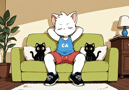 masterpiece, high quality, vibrant colors, cel shading, polished details, soft gradients, clean lineart, crisp edges, expressive character, detailed background, smooth blending, artistic composition, studio animation quality, dynamic pose, atmospheric perspective, furry, furry male, 1boy, cute, young character solo, white mixed with black cat, blue sleeveless shirt, red shorts, white mixed with black shoes, living room, sitting in a sofa, hands behind head, bored face, closed eyes