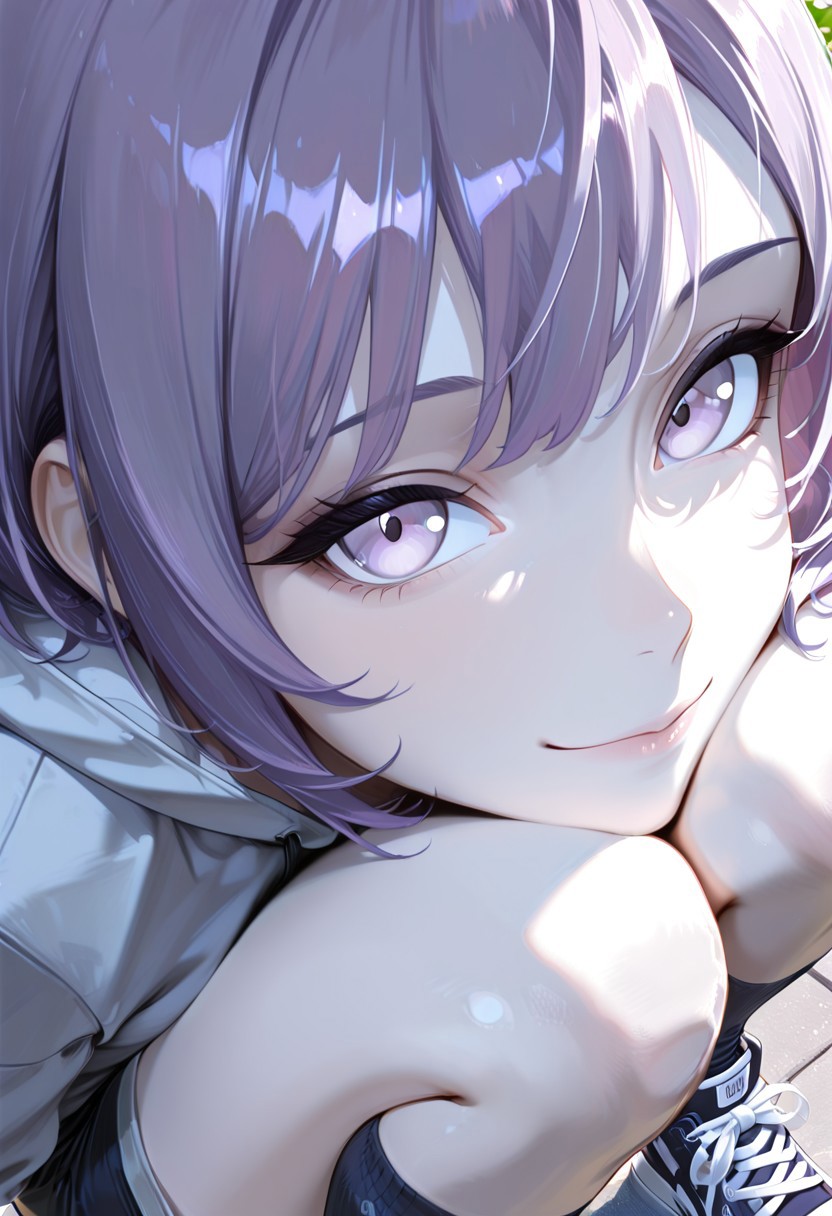 masterpiece, high_quality, highres, street, abundant flora, sun, bright, face focus, smile, face focus, face close-up, extreme close-up,
1girl, LillyW, purple hair, light gray skin, lilac eyes,, wearing Jedspo, Hoodie , shorts, socks, sneaker