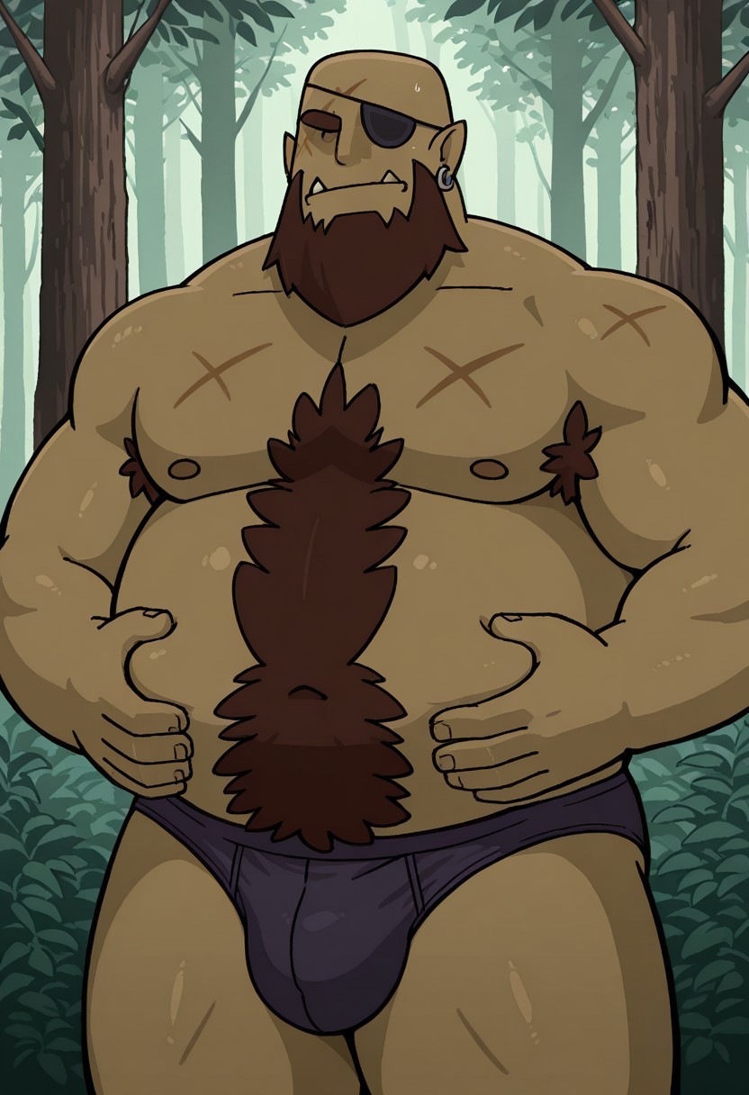 detailed background, detailed background, masterpiece, perfect quality, best quality, detailed, newest, very aesthetic, DaddyOrcRMA, black dot eyes, orc, (((dark-skinned male))),  pointy ears, facial hair, bald, bara, solo, beard, pectorals, chubby, fat, plump, 1boy, male focus, chest hair, eyepatch,  dense forest background, looking at viewer, topless male, underwear, rubbing belly