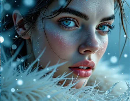 . A surreal close-up of a womanâs face, covered in crystalized frost, with delicate shards of glass reflecting light, creating an dreamlike atmosphere. , <lora:bv-close-up-enhancer.safetensors:1.0:1.0>
