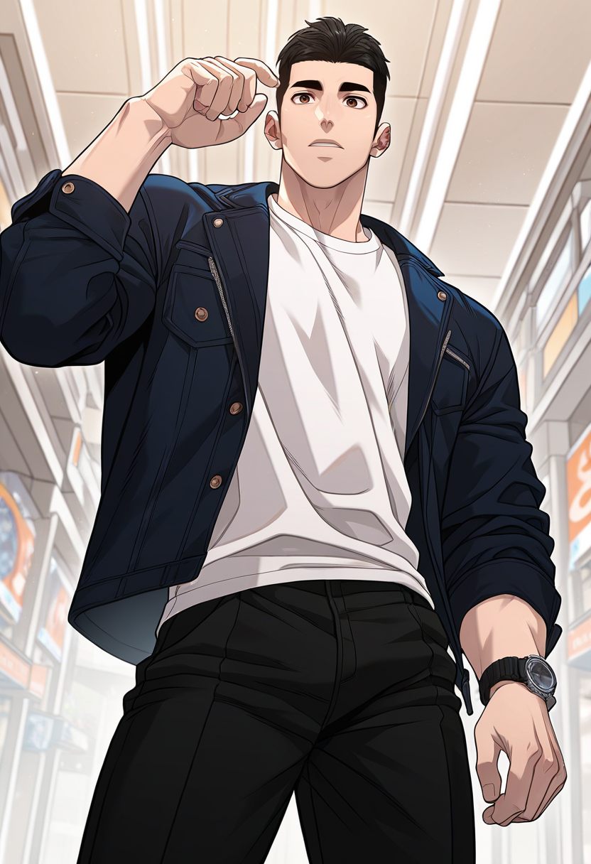 1boy, male focus, solo,
<lora:Character - Questism - Kang Sechan:1> kangsechan, black hair, brown eyes,
,((zPDXL)), score_9_up, score_8_up, score_7_up, score_6_up, score_5_up, score_4_up, best quality, amazing quality, best aesthetic, amazing aesthetic, absurdres, year2023, uncensored, very nsfw, official art, official style, detailed eye,
shoping mall,
 cowboy shot, black jacket, white shirt, black pants, wristwatch,