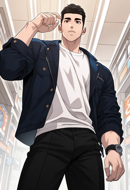 1boy, male focus, solo,
<lora:Character - Questism - Kang Sechan:1> kangsechan, black hair, brown eyes,
,((zPDXL)), score_9_up, score_8_up, score_7_up, score_6_up, score_5_up, score_4_up, best quality, amazing quality, best aesthetic, amazing aesthetic, absurdres, year2023, uncensored, very nsfw, official art, official style, detailed eye,
shoping mall,
cowboy shot, black jacket, white shirt, black pants, wristwatch,