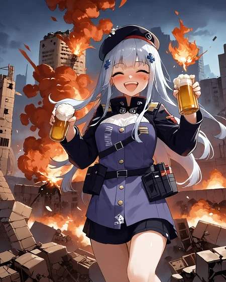 rating_safe, <lora:hk416.pony:1> hk416, def, beret, solo, holding beer bottle, drunk, laughing, heavy blush, <lora:ahebomb_pony:0.7>  explosions, smoke, ruined buildings, burning city ruins background, explosions and flames everywhere in background, explosions, more explosions, more fire, through the fire and flames by dragonforce, fire and explosions covering whole background, death and destruction everywhere,