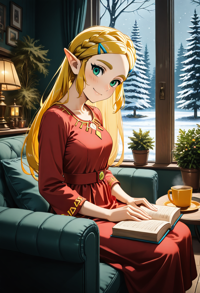 masterpiece, best quality, 1girl, solo, eyelashes, (beautiful eyes), detailed face, head tilt, side view, detailed window, sitting,    d4rk4c4dem1a, sky, day, tree, cup, pillow, book, no humans, window, table, plant, couch, snow, wooden floor, snowing, potted plant, lamp, winter, bare tree, pine tree,  red dress, crown braid, princess zelda, smile,   ,<lora:DarkAcademia_IXL:0.8>,