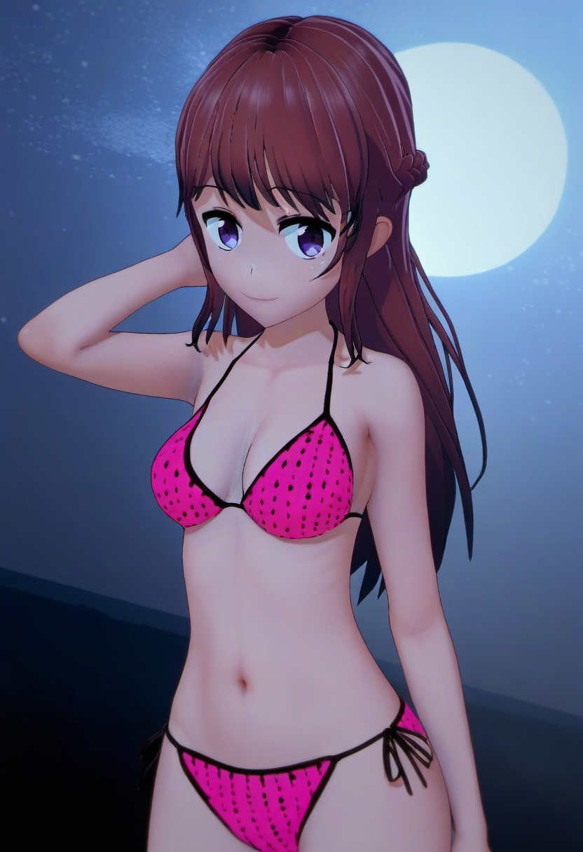 <lora:Uta_Ushibori_from_LiL:1>, bikini_uta, 1girl, solo, smile, night, looking at viewer, navel, medium breasts, halterneck, moon, night sky, string bikini, collarbone, closed mouth, cowboy shot, sky, full moon, score_9, score_8_up, score_7_up, score_6_up, score_5_up, score_4_up