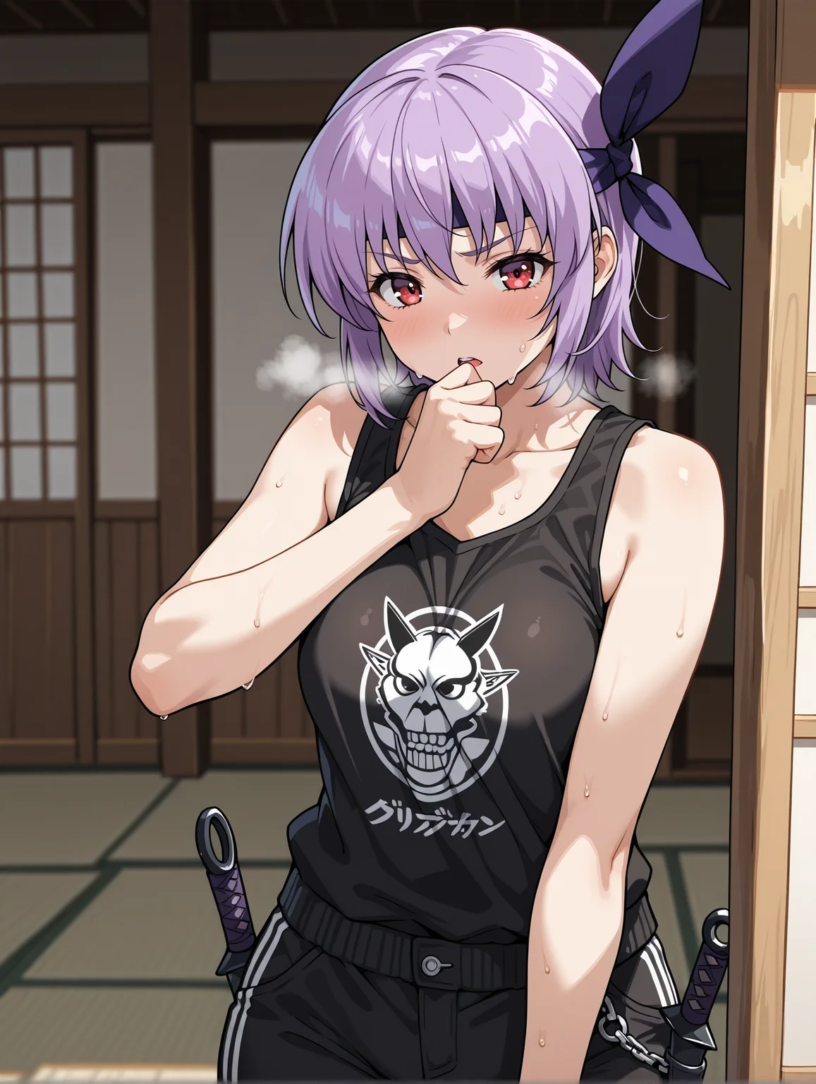 <lora:ayane-illustrious-000004:1> ayane, headband, streetwear, sweat, heavy breathing, 1girl, solo, kunai, east asian architecture
masterpiece, best quality