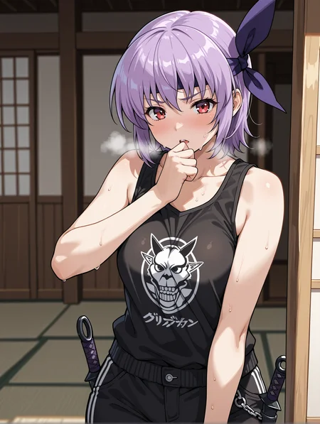 <lora:ayane-illustrious-000004:1> ayane, headband, streetwear, sweat, heavy breathing, 1girl, solo, kunai, east asian architecture
masterpiece, best quality