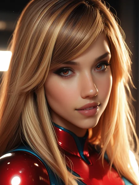 masterpiece, best quality, very aesthetic, dynamic lighting, realistic, 1 woman, solo, cinematic, <lora:JAlbDS:1> JAlbDS, brown hair, blonde streaks, brown eyes, looking at viewer, <lora:MoriiMee_Gothic_Niji_Style_Illustrious_r1:0.5> <lora:Beautiful_Girls_V4:0.5>, cosplaying as Samus Aran, very expressive, suggestive, upper body