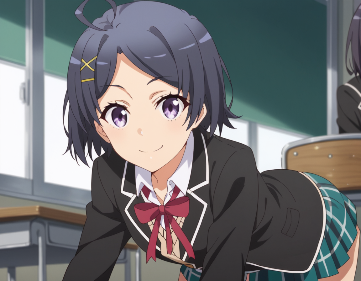 score_9, score_8_up, score_7_up, source_anime,
komachihikigaya, <lora:komachi-hikigaya-s2s3-ponyxl-lora-nochekaiser:1>,
komachi hikigaya, short hair, black hair, hair ornament, ahoge, hairclip, x hair ornament, purple eyes,
skirt, ribbon, school uniform, jacket, black jacket, plaid, plaid skirt, blazer, sobu high school uniform,
indoors, classroom, bent over, smile,
looking at viewer, cowboy shot, solo, dutch angle,