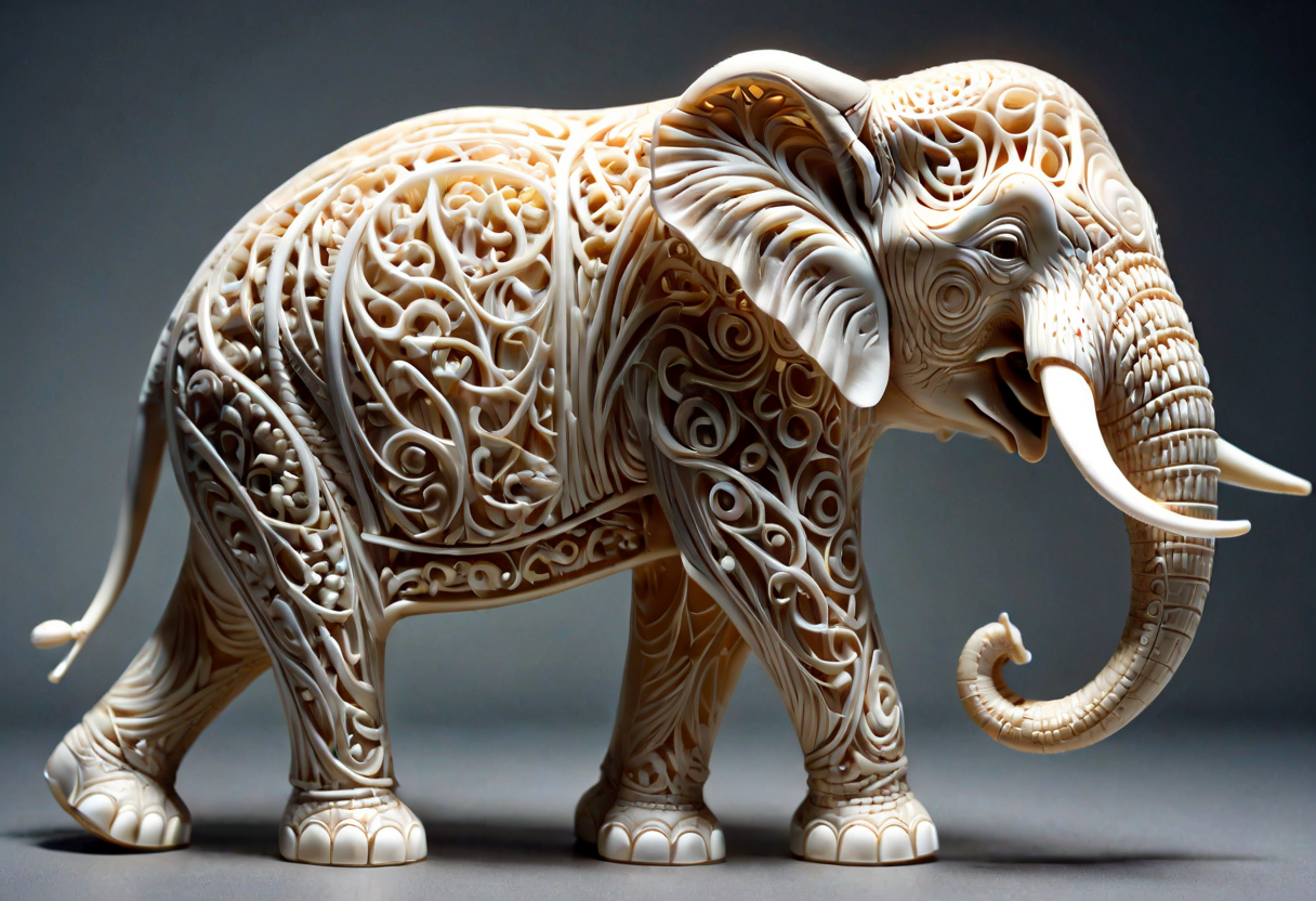 ivory_carving_style, beautiful picture of an elephant, closeup, made out of delicate and fragile fine original ivory material, whole body, masterpiece, flawless, elegant, vibrant details, (expansive view:1.4), (clear outlines:1.4), (ultra detailed:1.4), 64K, (high contrast:1.4), award winning, stunning, beautiful composition, clean sharp focus, SFW, realistic