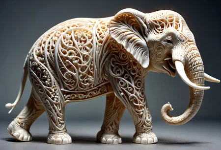 ivory_carving_style, beautiful picture of an elephant, closeup, made out of delicate and fragile fine original ivory material, whole body, masterpiece, flawless, elegant, vibrant details, (expansive view:1.4), (clear outlines:1.4), (ultra detailed:1.4), 64K, (high contrast:1.4), award winning, stunning, beautiful composition, clean sharp focus, SFW, realistic