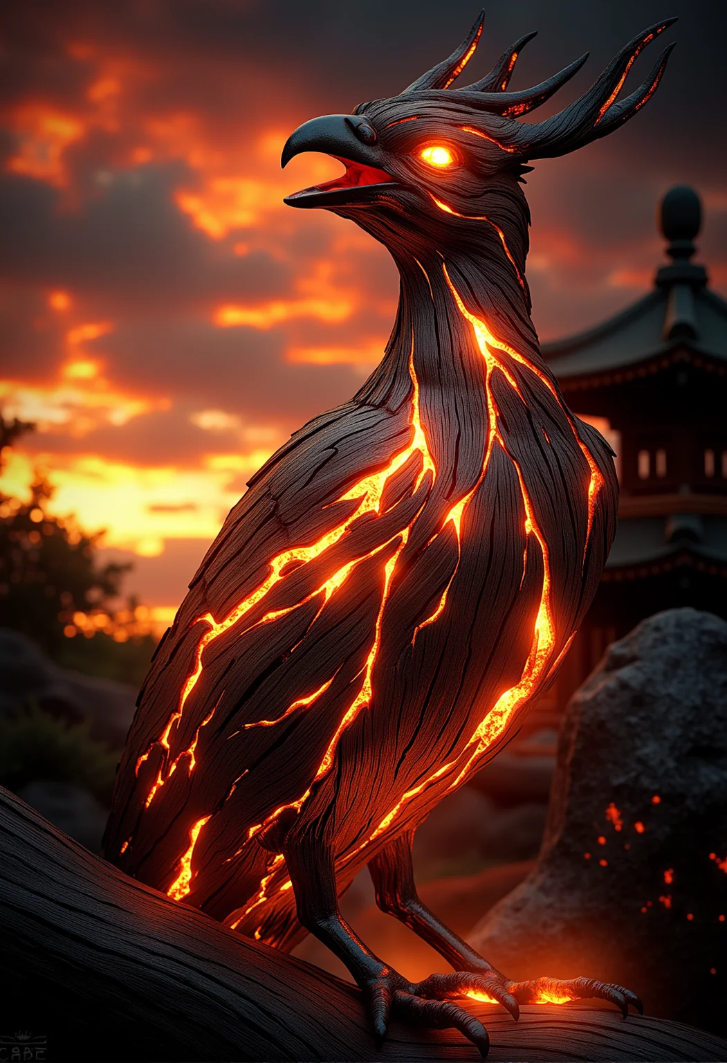 A mythical phoenix rising from glowing wooden ashes, its feathers lightly adorned with glowing wooden patterns, flickering like embers|A close-up of a tree with ember-like veins glowing faintly against a fiery twilight sky, small patches of bark showing faint glowing wood, gently illuminating the scene}|A panoramic view of a glowing wooden temple at dusk, with parts of the wooden structure softly glowing, casting gentle light onto the surroundings}} Epic cinematic lighting, soft glowing wood textures, subtle embers, dramatic shadows, backlit glow, high contrast, soft fog, deep focus, ultra-realistic details, vivid colors, high dynamic range, volumetric lighting, breathtaking scale, photorealism, hyper-sharp focus, intricate details, stunning cinematic atmosphere. , <lora:bv-glowing-wood-v1.safetensors:0.5:0.5>