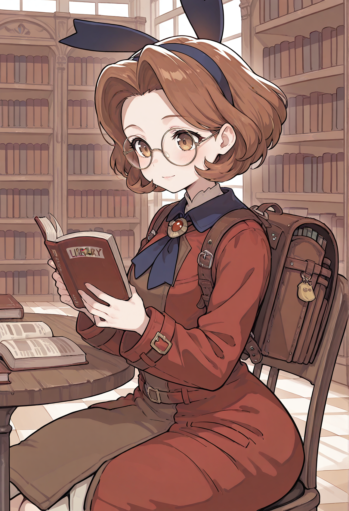 1girl, brown hair, brown eyes. short hair, red coat, hairband, solo, backpack, sitting, indoors, library, reading, round eyewear, sitting, holding book, light smile, chair, table  <lora:carol_wild_arms:1>, masterpiece, best quality, amazing quality, very aesthetic, absurdres, highres, newest