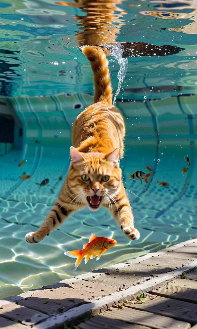 cinematic still a cat dives through the water, mouth opened, trying to catch a screaming goldfish . emotional, harmonious, vignette, 4k epic detailed, shot on kodak, 35mm photo, sharp focus, high budget, cinemascope, moody, epic, gorgeous, film grain, grainy, a cat dives through the water, mouth opened, trying to catch a screaming goldfish, full detailed, cinematic, directed, vivid colors, optimistic, emotional, shiny, rich deep vibrant color, intricate, very inspirational, extremely charismatic, located, elegant, fine detail, professional, beautiful, attractive, epic, stunning, highly enhanced, clear, quality, real, artistic