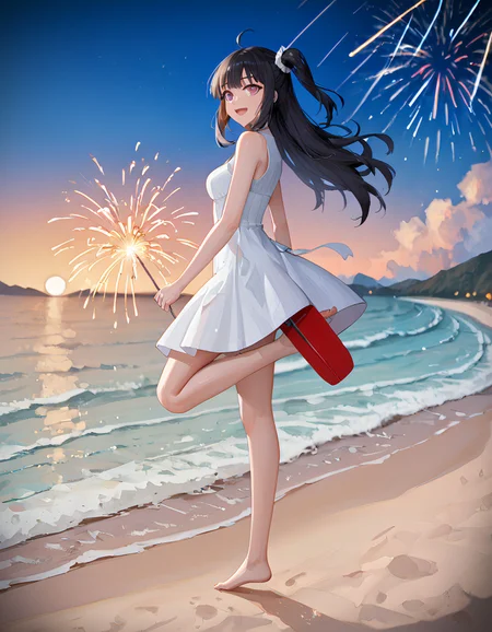 score_9_up, score_9, score_8_up, score_7_up, rating_explicit, perfect quality,high quality,masterpiece,best quality,amazing quality,very aesthetic,Cinematic Lighting,newest,Tactical use of shadow,
1girl,solo,long hair,black hair,hair between eyes,ahoge,purple eyes,AyanoKimishima Cyql,
sparkler, outdoors, fireworks, barefoot, dress, scenery, sky, smile, night, white dress, ocean, open mouth, standing, beach, cloud, holding fireworks, looking at viewer, water, standing on one leg, horizon, one side up, from side, :d, blush, night sky, sleeveless dress, city lights, multicololens flare, sleeveless, blurry, bokeh, sundress, shore, holding, bare shoulders, petite body, bare arms, depth of field, sunset, scrunchie, breasts, mountainous horizon, mountain, cloudy sky,  waves, blurry background,  star (sky), blue sky, sand,  leg up, sun, looking to the side, lights, reflection, walking, moon, bare legs, floating hair,
<lora:ponyv4_noob1_2_adamW-000017:0.7>,<lora:spo_sdxl_10ep_4k-data_lora_webui:0.6>,<lora:USNR STYLE_XL_lokr:0.45>,<lora:illustrious_all_rated_v1:0.7>,<lora:96YOTTEA-WAI:0.8>,<lora:Ayano Kimishima_Illustrious by Cyql:1>,