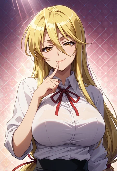 score_9, score_8_up, score_7_up, 1girl, solo, looking at viewer, anime coloring, upper body, close-up, portrait,
<lora:Shizuka_Marikawa_Dwnsty:0.8>, shizuka_marikawa, blonde hair, yellow eyes, long hair, low-tied long hair, hair between eyes, sidelocks, white shirt, collared shirt, red ribbon, neck ribbon, black skirt, long skirt, pencil skirt,
lips, huge breasts, light smile, mature female, finger to mouth, smirk, naughty face,
sunlight, abstract background, argyle background, rainbow, heart,
<lora:Hotd_Artstyle_Dwnsty:0.7>