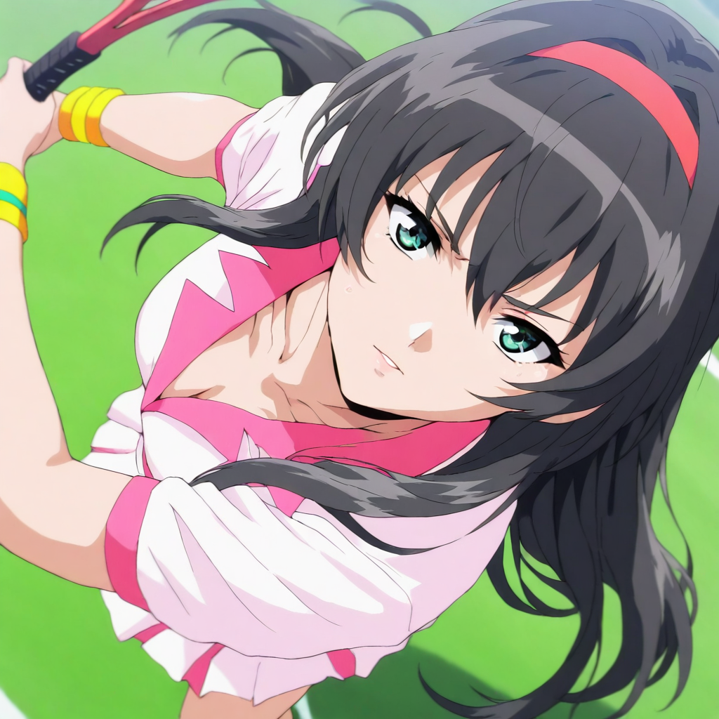 masterpiece,high score,great score,absurdres,solo,looking at viewer,tennis uniform,skirt,<lora:Yuuri_Himeno ag4o v1:1> yuuri_himeno, black hair, long hair, green eyes, hairband,tennis stroke,racket,