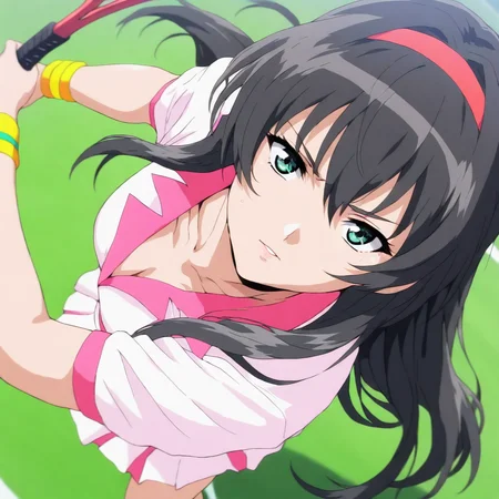 masterpiece,high score,great score,absurdres,solo,looking at viewer,tennis uniform,skirt,<lora:Yuuri_Himeno ag4o v1:1> yuuri_himeno, black hair, long hair, green eyes, hairband,tennis stroke,racket,