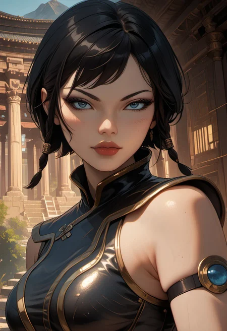 ((zPDXL3)), score_9, score_8_up, score_8, (sexy:2.5), Fantasy, perfecteyes, ultra detailed, high resolution, high quality, masterpiece, intricate details, intricate body, intricate landscape, knva, Expressiveh, European Instagram Model, upper body shot, low light, temple, mountaintop temple,
BREAK
Character: 1girl, solo, source_cartoon, mature female, sateleshandg, black hair, short hair, blue eyes, Asian, Asian features,
Clothing: armor, thigh boots, belt,
Character Pose: confident stance, cocked hip, cowboy shot, beautiful, full lips, looking at viewer, closed mouth,
<lora:4th_tail_v0.3_lora_extract_l:0.60>