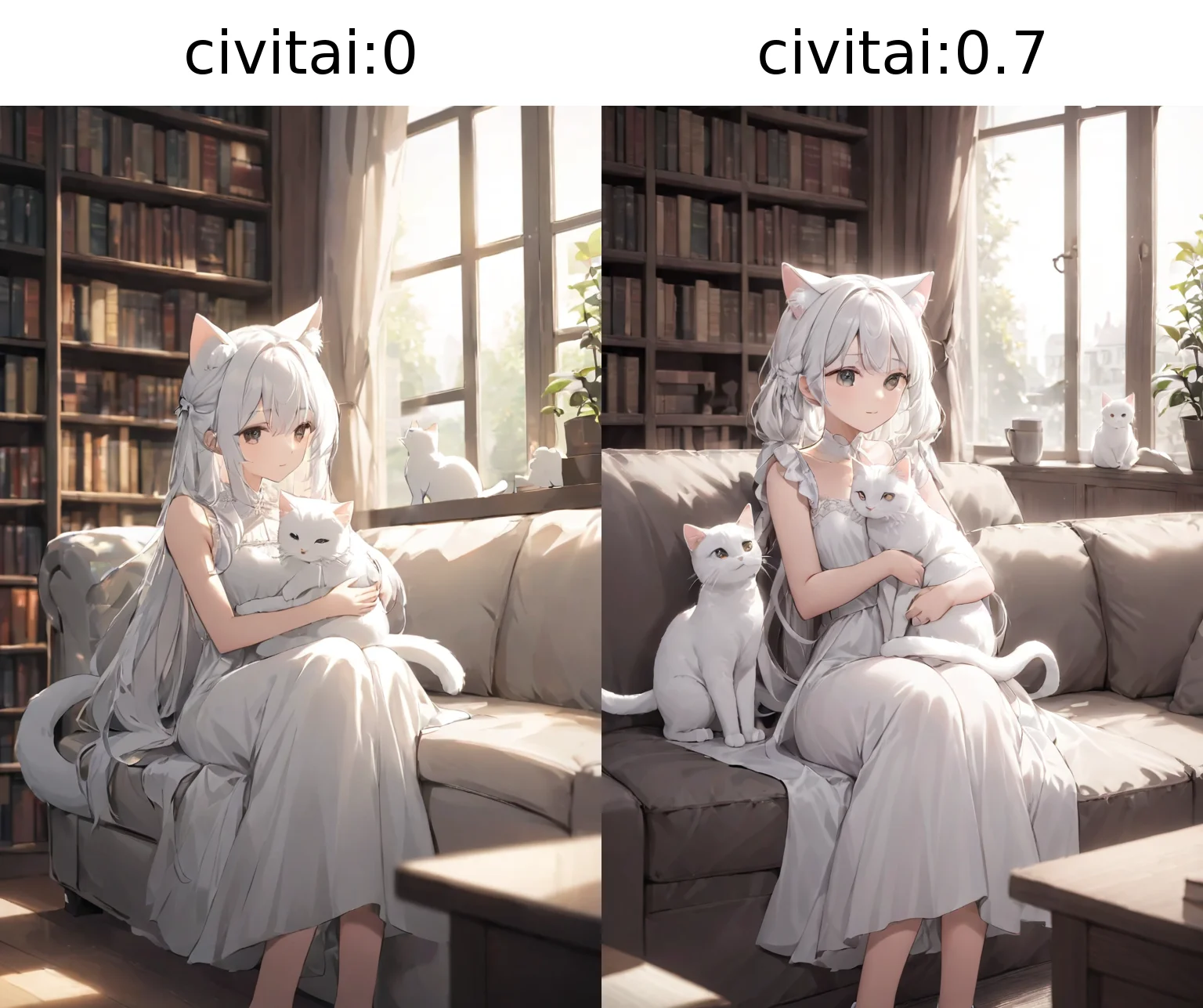 (masterpiece),(highest quality),highres,(an extremely delicate and beautiful),(extremely detailed),
a young girl with white hair and wearing a white dress sits on a couch, embracing a white cat, She has cat ears and a tail, showing her to be a feline creature like human, with a window letting in natural light and a bookshelf full of various books, Nearby, one can see a cup placed on a table,
depth of field, blurry foreground, blurry background,
<lora:hinaigirl-animagine-civitai:0>