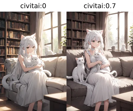 (masterpiece),(highest quality),highres,(an extremely delicate and beautiful),(extremely detailed),
a young girl with white hair and wearing a white dress sits on a couch, embracing a white cat, She has cat ears and a tail, showing her to be a feline creature like human, with a window letting in natural light and a bookshelf full of various books, Nearby, one can see a cup placed on a table,
depth of field, blurry foreground, blurry background,
<lora:hinaigirl-animagine-civitai:0>