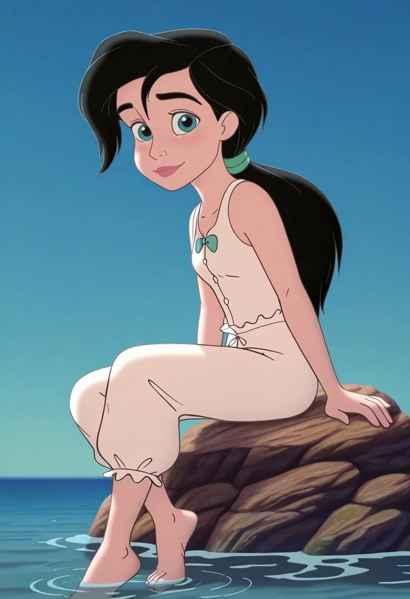 (screencap, official style:1.2), 1girl, small breasts, (MelodyXL:1.1), black hair, blue eyes, ponytail, makeup, sleeveless, shirt, pants, white pajamas, barefoot, feet, light smile, sitting on water, rocks, wet, cute pose, looking at viewer, outdoors, sea, dynamic pose, cowboy shot, warm light, daylight,
<lora:Melody_character-12:1>