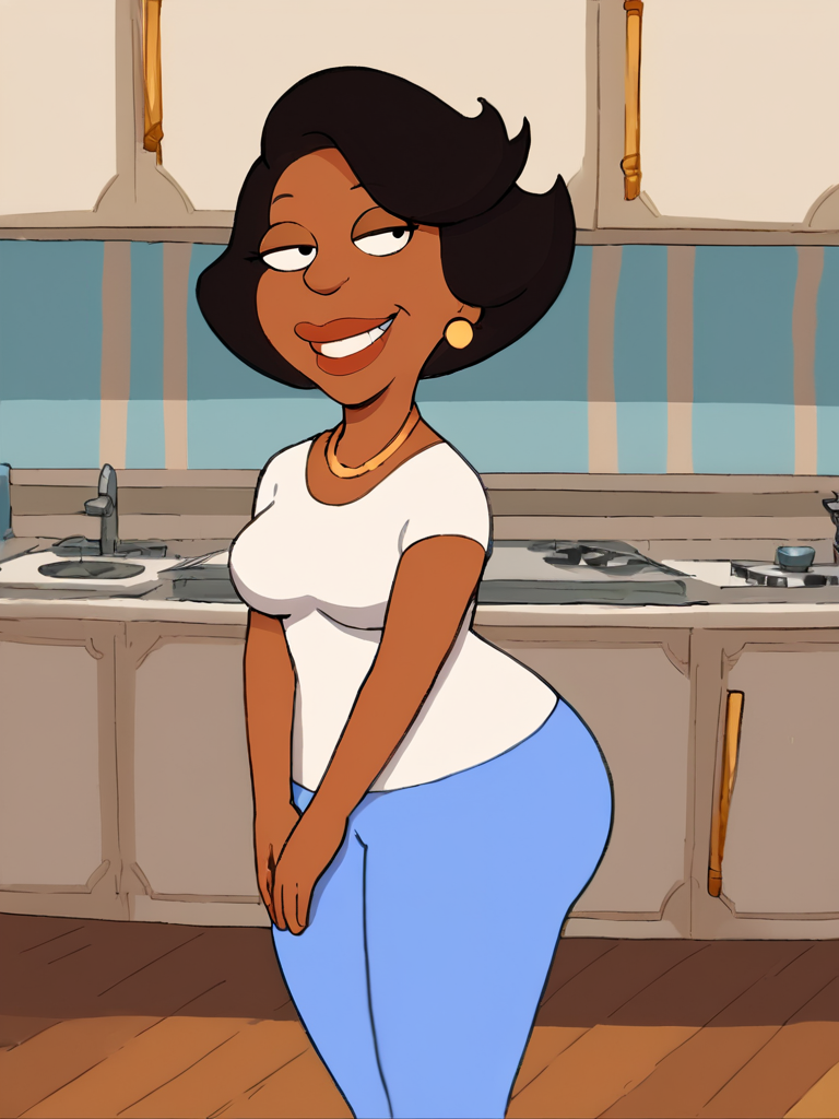 donna, dark skin, black hair, dark-skinned female, 1girl, jewelry, earrings, short hair, solo, necklace, flat color, shirt, white shirt, lipstick, pants, blue pants, mature female ,teeth,  <lora:DonaPony2.0:1>, smile, looking at viewer,  score_9, score_8_up, score_7_up, score_6_up, score_5_up, score_4_up