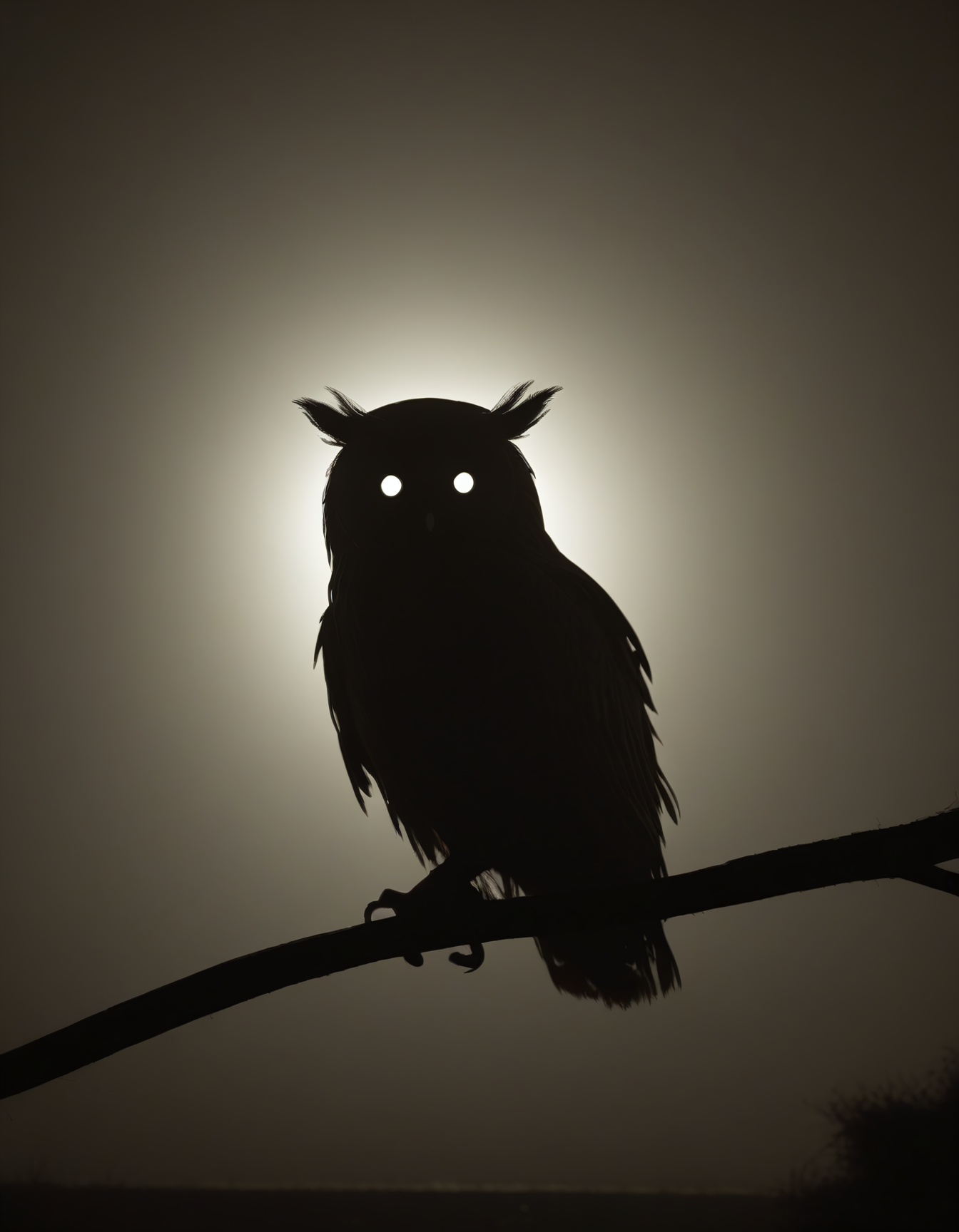 silhouette style, cinematic film still of the silhouette of an owl sitting on a branch at night, very detailed, haze lighting, backlit, 4k uhd masterpiece