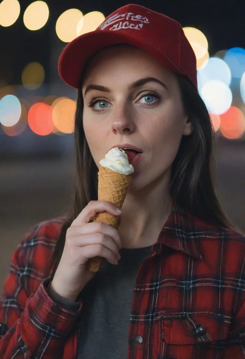 A 30yo woman eating a cone icecream. blue eyes. perfecteyes
Wearing Jeans and Plaid red shirt with a hat/cap red.
Long dark black slick back hair. No makeup.
Night time, Street light.
Looking at camera POV.
Medium Close Up shot.
Bokeh. Bokeh light.
Blurred background.