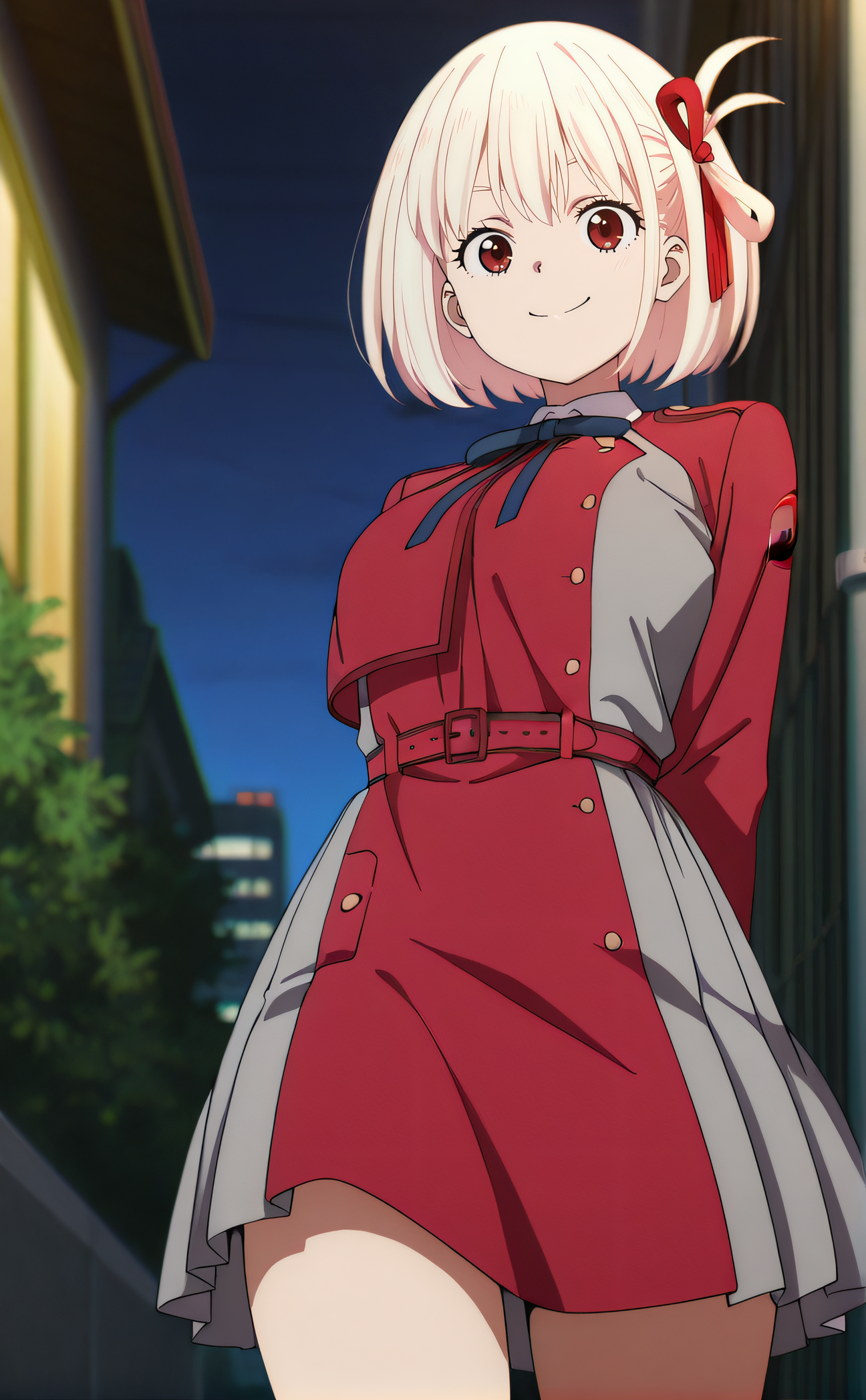 masterpiece, best quality, highres, newest, 1girl, solo, official style, anime screencap, <lora:Nishigiki_Chisato:1>, chisato, blonde hair, bob cut, red eyes, red lycoris uniform, looking at viewer, smile, outdoor, cowboy shot, city night, arms behind back, from below