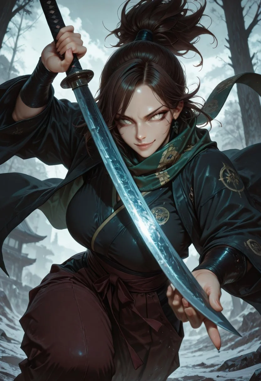 masterpiece, best quality,high quality, newest, highres,8K,HDR,absurdres, 1girl, mature female, solo, ponytail, long dark brown hair, glowing grey eyes, slit pupils, sexy smile expression, black and green checker patterned scarf, black kimono, haori, hakama pants, katana, samurai fantasy battlefield, stormy sky, dynamic pose, intense lighting, detailed background, depth of field, dynamic composition, foreshortening, detailed background, dynamic pose, dynamic composition,dutch angle, detailed backgroud,foreshortening,blurry edges <lora:iLLMythG0thicL1nes:1> G0thicL1nes